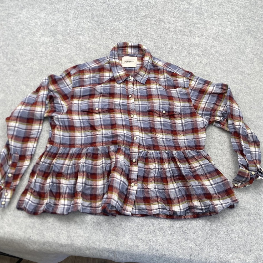 Lucky Brand Button Up Shirt Womens Large Multicolor Plaid Long Sleeve Peplum Top